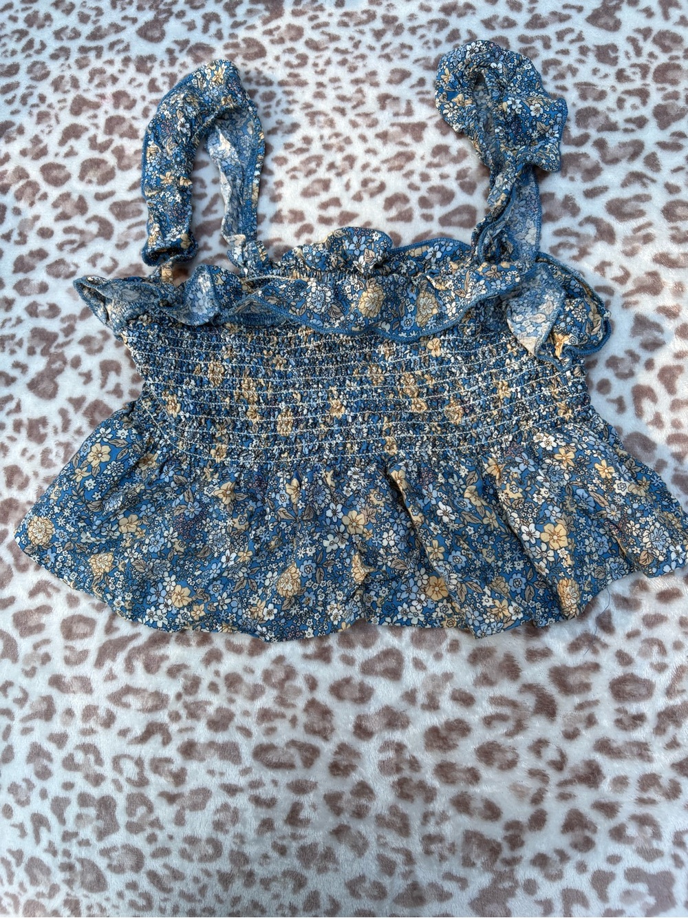 Natural Life Smocked Blue and Yellow Floral Ruffle Crop Top Size Small